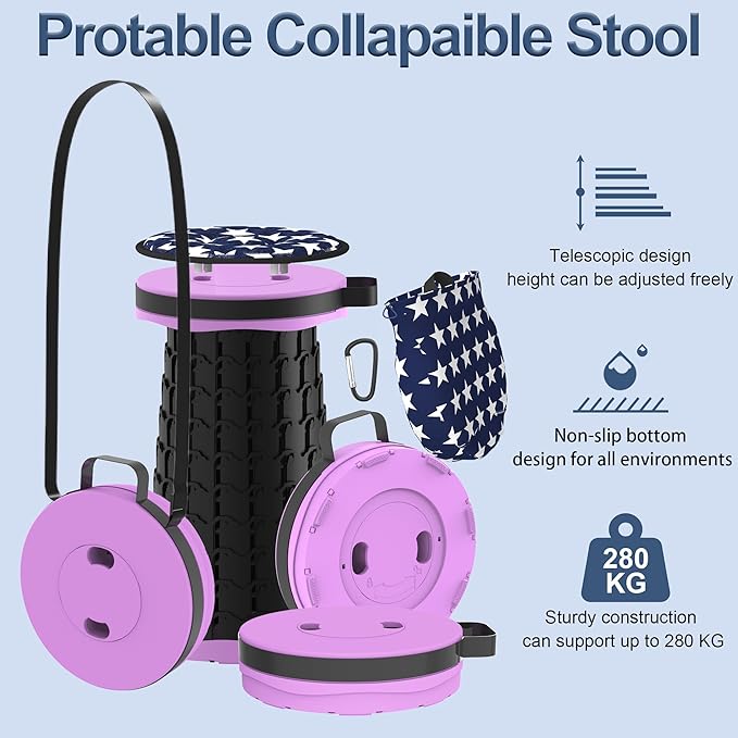 ALEVMOOM 2026 Upgraded 18.1 Collapsible Stool with Cushion &amp Carry Bag 600lbs Max Weight Portable Telescoping Stool More Sturdy Lightweight Retractable Seat Folding Chair for Camping &amp Outd