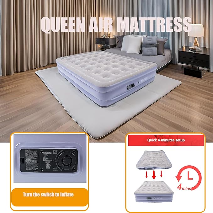 Queen Air Mattress Bed with Built in Pump16 Inches High Queen Airbed Inflatable MattressComfort Thickened Blow Up Air MattressTravel Sleeping Pad for Guests Home(Queen Size)