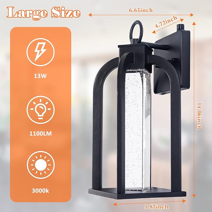 Dusk to Dawn LED Outdoor Wall Light 14 Black Wall Lantern with Crystal Bubble Glass Exterior Light Fixture with Photocell Sensor IP65 Waterproof Anti Rust Outdoor Lighting for House Garage Porch