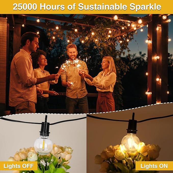 ZJOJO Solar Outdoor String Lights Waterproof 50FT G40 Globe Patio Lights String Lights Solar Powered with 25 Edison Bulbs 2700K Shatterproof Hanging Lights for Porch Backyard Pergola Bistro