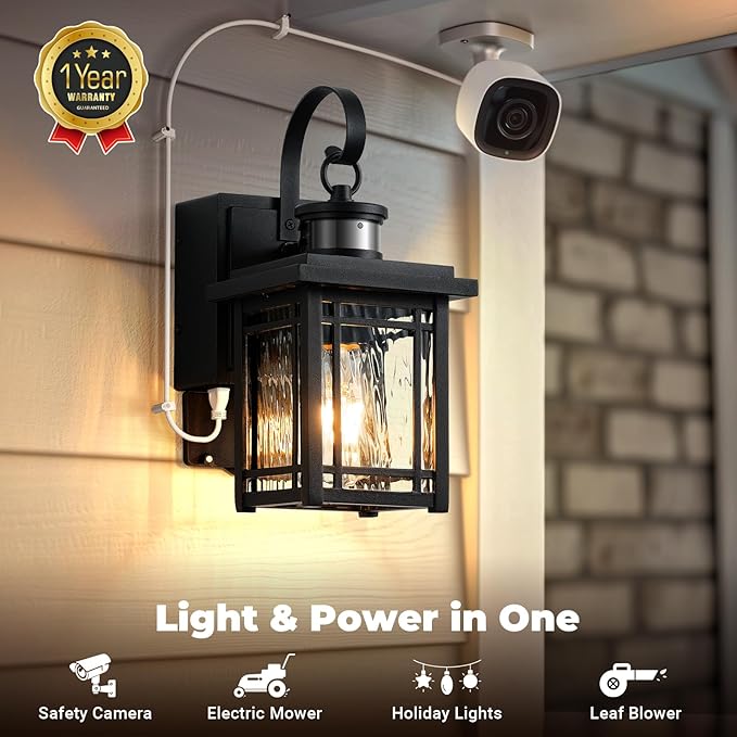 Outdoor Porch Light with GFCI Outlet Motion Sensor Outdoor Light Fixtures Wall Mount Black Exterior Wall Sconce Lantern with Ripple Glass Anti-Rust Coach Lights for Garage Patio Front Door