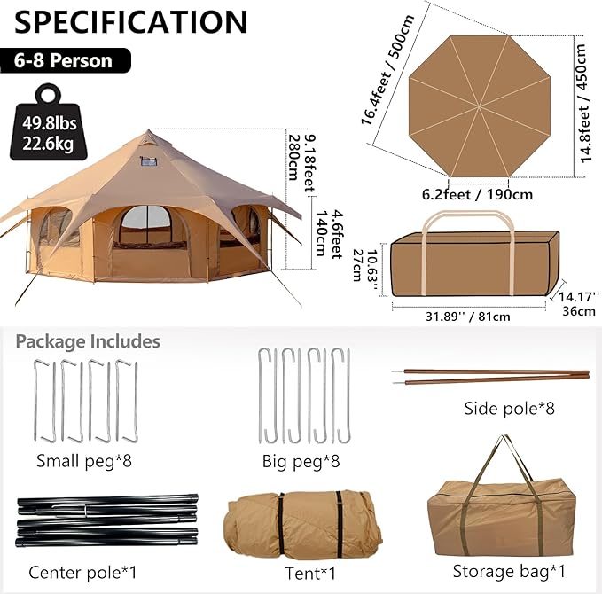 Oxford Bell Tent for Glamping &amp Camping 6-10 Person Spacious Family Tent with 360 Ventilation Waterproof &amp Windproof Outdoor Shelter