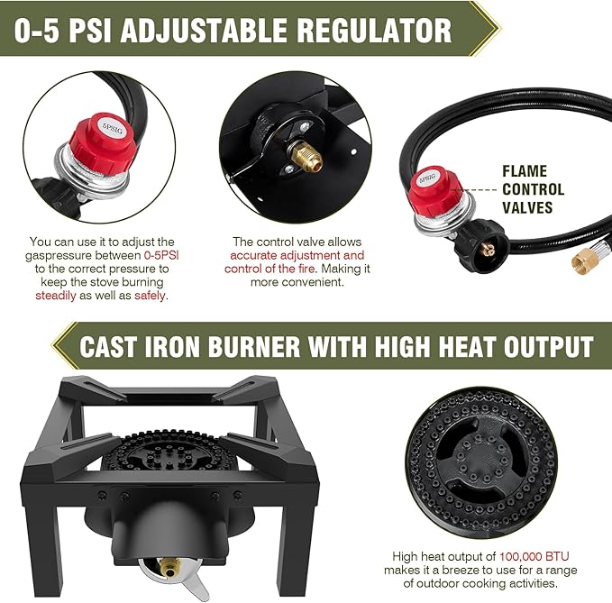 BESTFIRE Propane Burner 100000 BTUs High Pressure Single Propane Stove - Heat Shield and Guard 4.1ft Adjustable Hose with Regulator Gas Stove for Outdoor Cooking Turkey Fry Seafood Boil