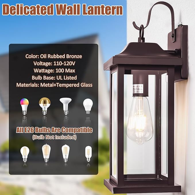 Dusk to Dawn Outdoor Lighting for House 17 Inch Large 1-Pack Oil Rubbed Bronze Exterior Light Fixture for Front Porch Light with Clear Tempered Glass Waterproof Outside Wall Mounted Lamp
