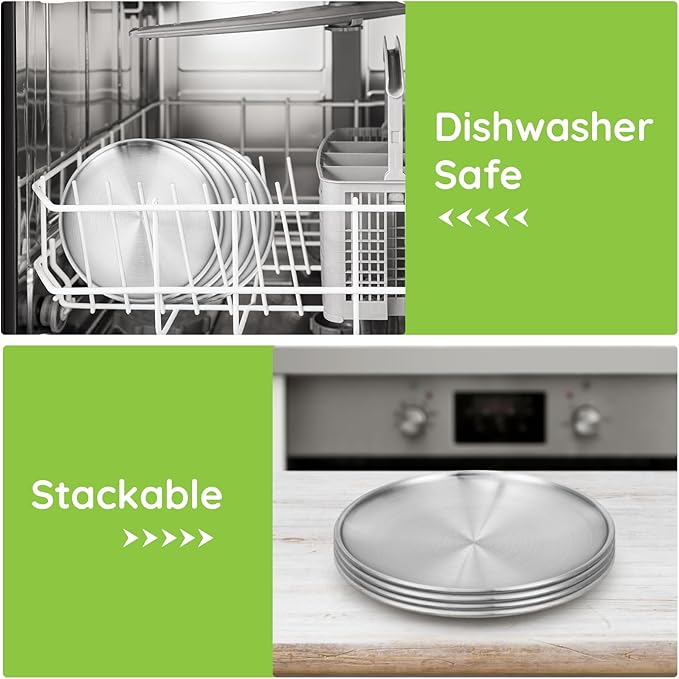 Stainless Steel Plates 16 Set 6.7 inch 304(18/8) Metal Food Serving Plate Reusable Snack Eating Dishes Round Shatterproof Plate Silver Dinnerware for BBQ Dinner Oven Dishwasher Safe