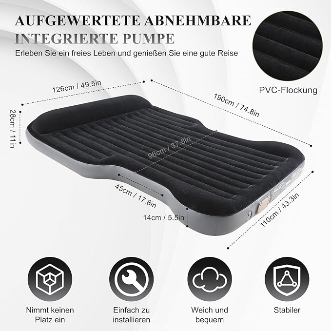 KMZ Inflatable SUV Air Mattress Thickened Flocking with Built-in Pump Self-Inflating Portable Sleeping Travel Bed Pad for SUV Truck Fast Inflation and Deflation (Black)