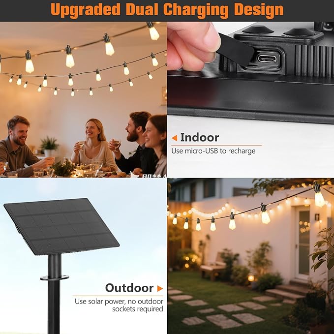 Solar String Lights Outdoor Waterproof 35FT with Shatterproof ST38 LED Bulbs 2700K Solar Lights with Remote Solar String Lights for Outside Camping Yard