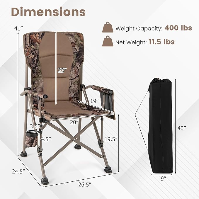 Tangkula Folding Camping Chair Portable Camp Chair with Padded Seat Cup Holder Storage Pocket Outdoor Lawn Chair with Carrying Bag for Fishing Picnic Travel No Assembly Needed
