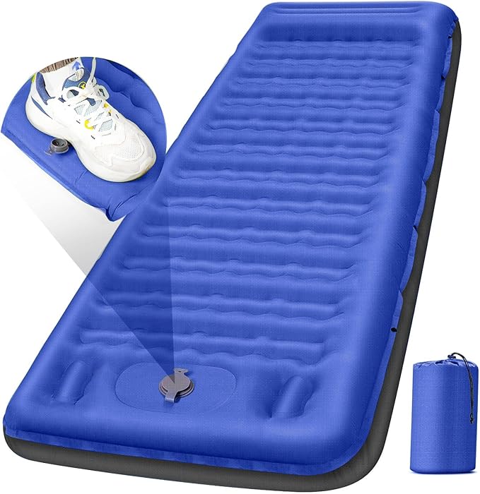 Camping Sleeping Pad Extra Thick 5 Inch Camping Mat with Pillow Built-in Foot Pump Inflatable Sleeping Pads Compact for Camping Backpacking Hiking Traveling Tent（Blue Grey）