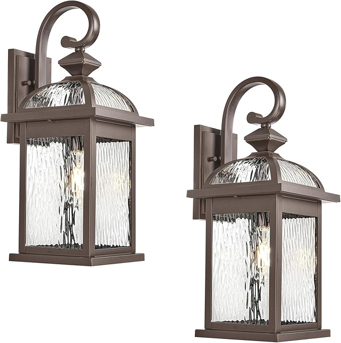 2 Pack Porch Lights Outdoor Waterproof Outside Lights for House ORB Finish 15 Inch Wall Light Fixtures with Water Ripple Glass E26 Socket