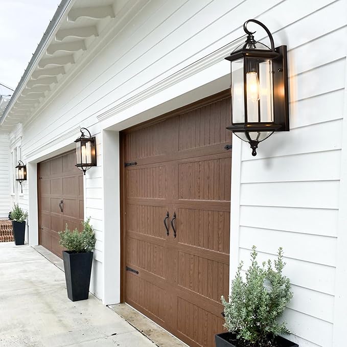 20''H Dusk to Dawn Sensor Outdoor Lighting Copper Large Porch Light Wall Mount with Tempered Glass Exterior Light Fixture for GaragePorchPatioOil-Rubbed BronzeE26 Socket1 Pack