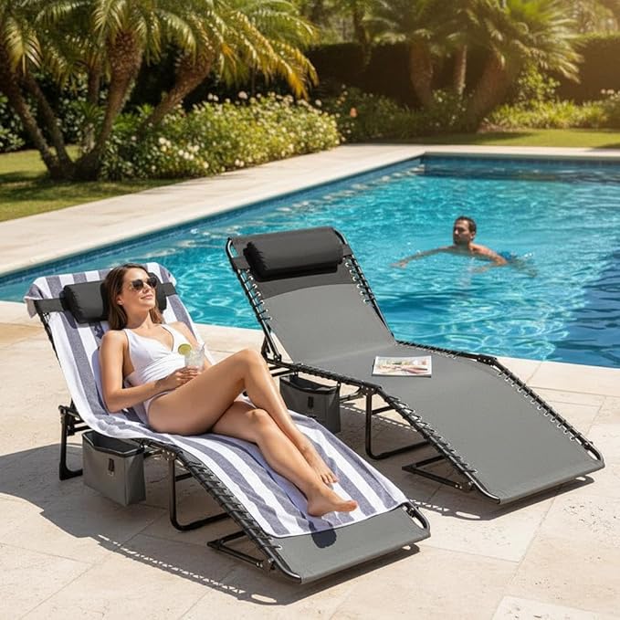 Outdoor Chaise Lounge Chair Folding Tanning Chair with 5-Position Adjustable Backrest Portable Sun Lounger with Carry Handle Side Pocket and Removable Pillow for Beach Pool Patio Camping Gray