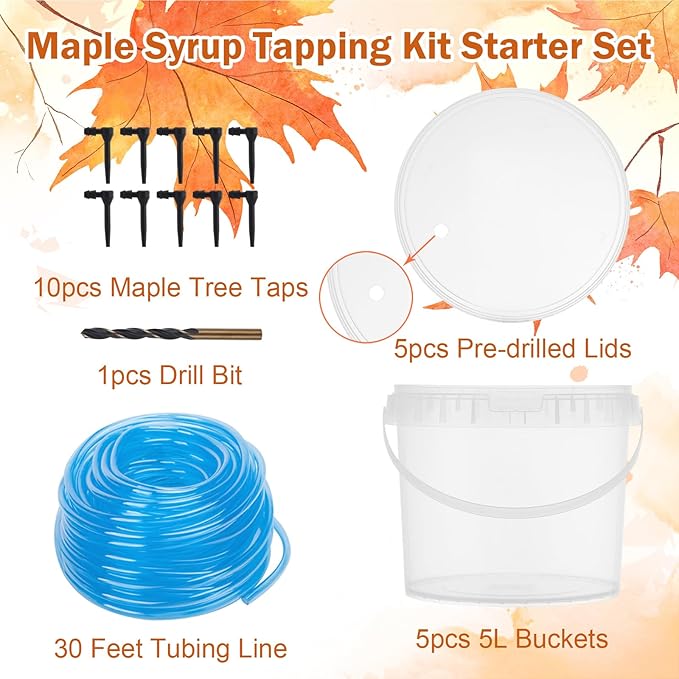 5 Sets Maple Syrup Tapping Kit Including 5 Buckets (5L) with Lid 30ft Tubing 10 Tree Taps 1 Tap &amp Drill Bit Maple Tree Tapping Kit for Experts or Beginners Maple Birch Syrup Collection Supplies