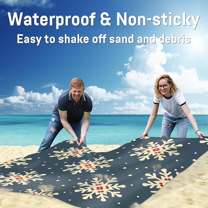 Waterproof Sandproof Beach Blanket 59''×68'' Blue Background Polyester Outdoor Picnic Blanket with 4 Stakes &amp Storage Bag for BeachCampingVacation Snowflake