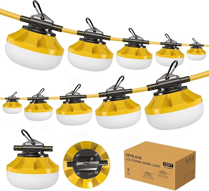 100FT LED Construction String Lights 10000LM 100W Linkable Work Lighting IP65 Waterproof ETL Listed 5000K Daylight RA&gt80 10-Head Temporary Light String for Job Site Tunnel Garage