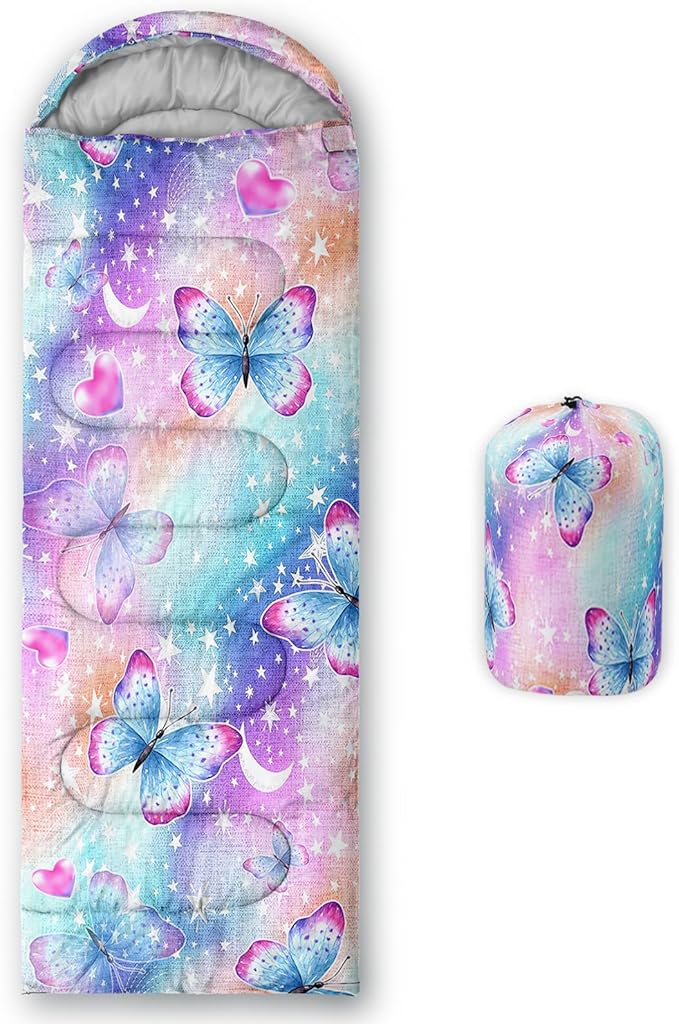 QOOMO Colorful Butterfly Printed Camping Sleeping Bags3 Season Warm &amp Cool WeatherLightweightWaterproof Sleeping Bags for Adults &amp KidsTravelingand OutdoorsCamping Gear Equipment31x90in
