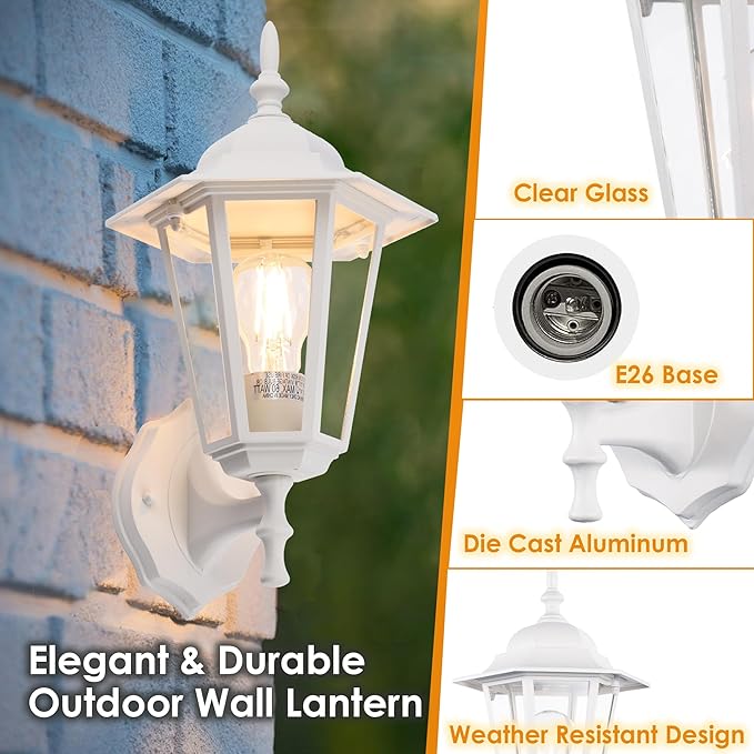 GruenlichOutdoor Wall Lantern Wall Sconce as Porch Lighting Fixture with E26 Medium Base Aluminum Housing Plus Glass Water-Proof Rated Bulb Not Included White Finish 2 Pack