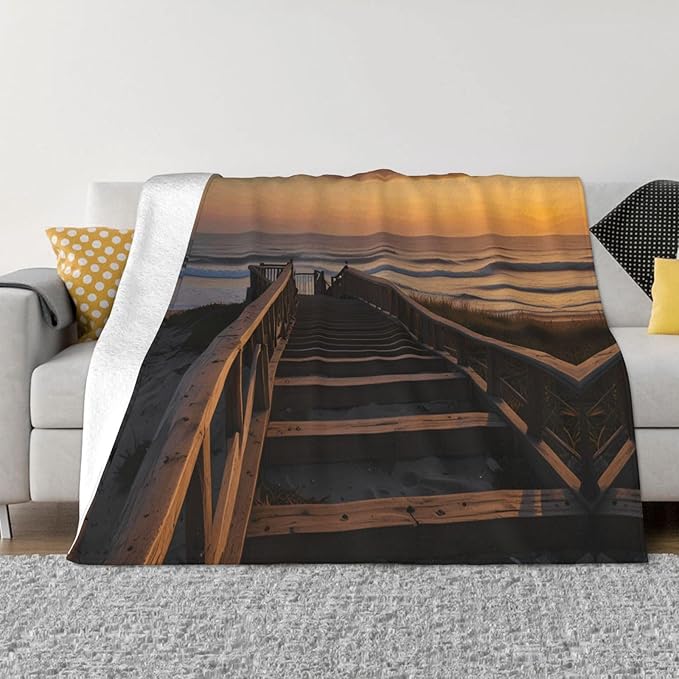 StairsSunset 60x50 Printed Soft Fleece Blanket for Sofa Bed and Camping - Cozy Blanket for Travel Picnics Nighttime Use