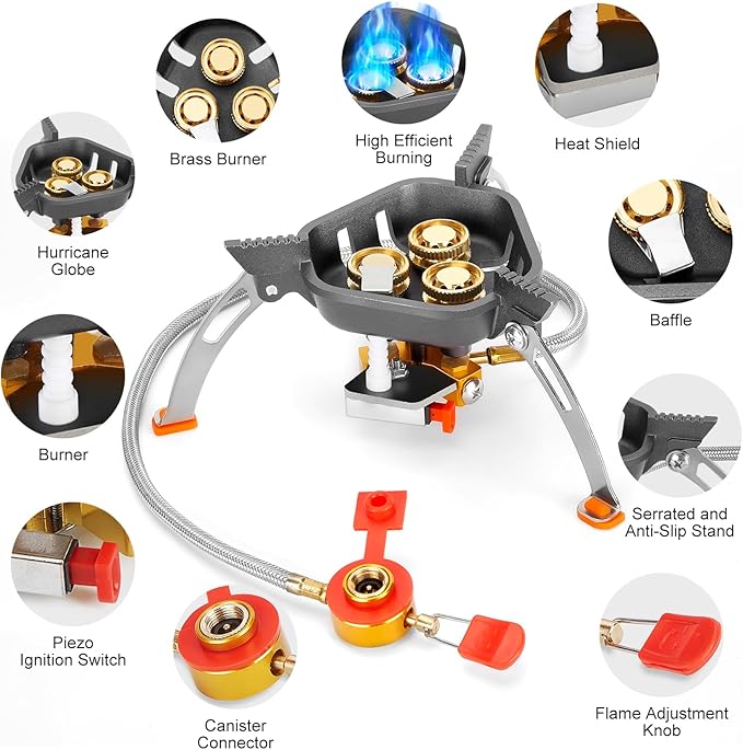 WADEO 7200W Windproof Camping Stove Camping Gas Stove with Piezo Ignition Two Fuel Canister Adapter Carry Case Portable Stove Backpacking Stove for Outdoor Backpacking Hiking and Picnic