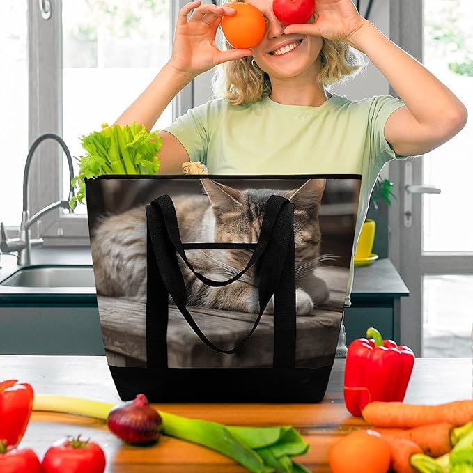 Insulated Shopping BagLarge Reusable Cooler Bags Cat Sleeping Printed Foldable Shopping BagTravel Waterproof Shoulder Bag