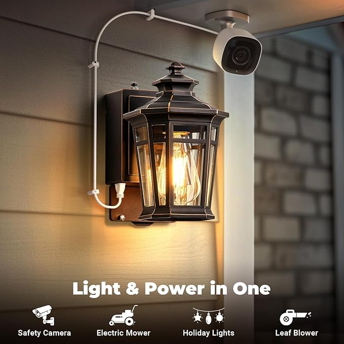 Gleamz Outdoor Wall Light with GFCI Outlet ORB Dusk to Dawn Outdoor Lighting Patio Lights Outside Waterproof Anti-Rust Exterior Lighting Fixtures Wall Mount for Garden Front Door E26 Base