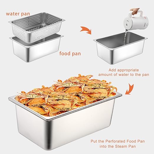 Tioncy 2 Pack Full Size Hotel Pans with Perforated Steam Pan Stainless Steel Steam Table Pan Multifunctional Food Chafing Supplies for Restaurant Kitchen(Full Size 6 Inches 8 Inches)