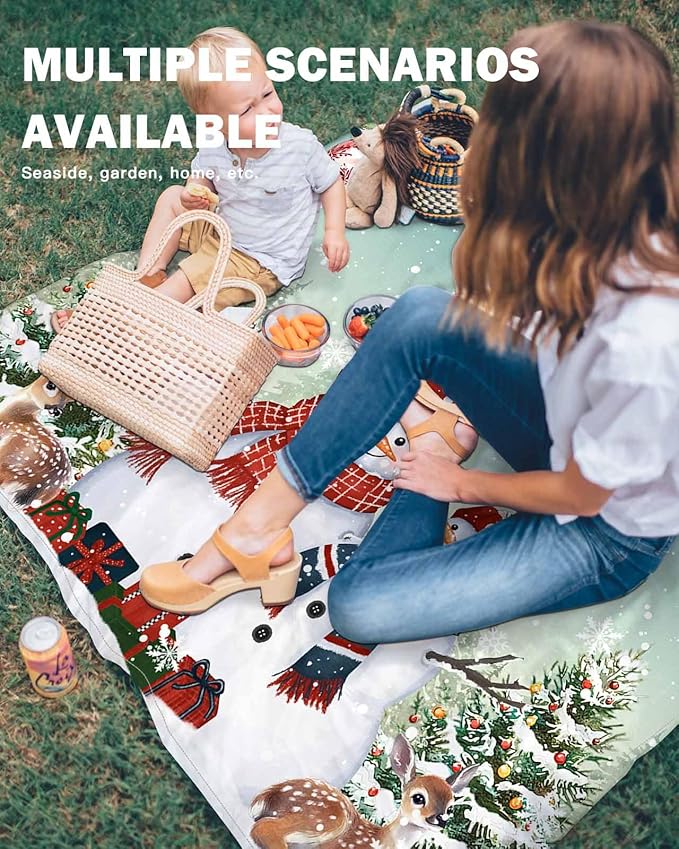 Beach Blanket Waterproof Sandproof OversizedSnowman Deer Christmas Tree Poinsettia Beach Mat with Corner Stakes Sand PocketsXmas Ornaments Berry Leaf Picnic Mat for Travel Camping Hiking83x79In