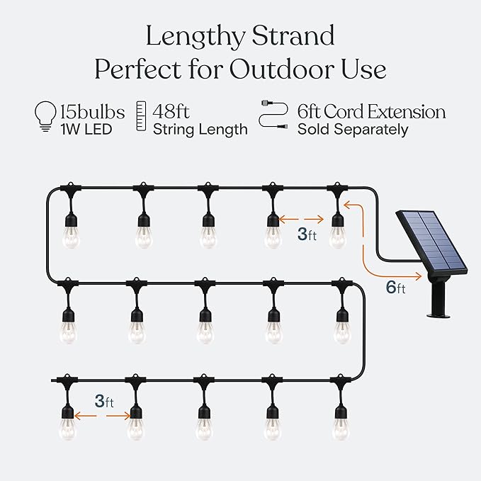 Brightech Ambience Pro Solar Powered Outdoor String Lights 48 ft Commercial Grade Waterproof Patio Lights Shatterproof LED String Lights for Outside Porch - 15 Edison Bulbs 1W Warm White