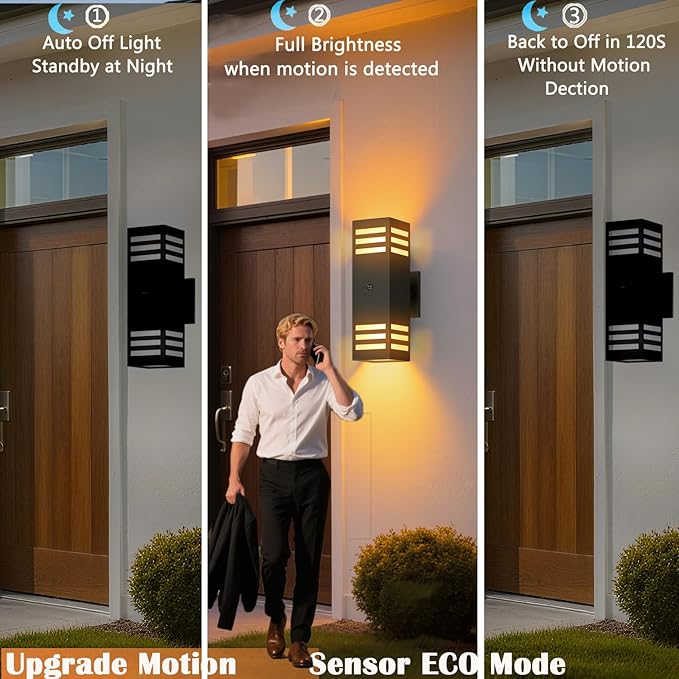 Motion Sensor Outdoor Wall Lights Dusk to Dawn Exterior Light Fixture with 3 Modes Waterproof Modern Dimmable Porch Light with Up Down Lighting for Patio Garage Front Door Matte Black 2Pack
