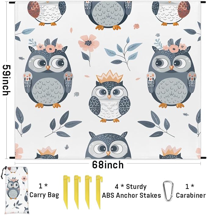 Waterproof Sandproof Beach Blanket 59''×68'' Owls Polyester Outdoor Picnic Blanket with 4 Stakes &amp Storage Bag for BeachCampingVacation Dark Grey
