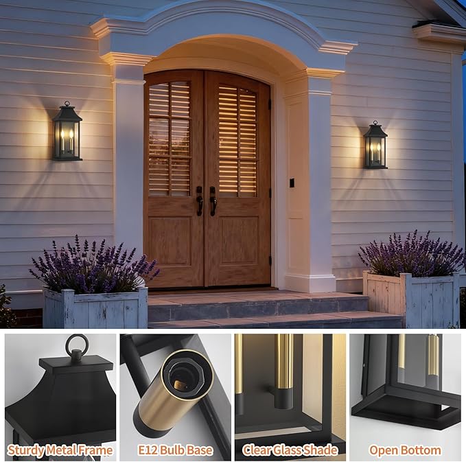 tewei 2-Light Black Outdoor Light Fixture Porch Light Outdoor Wall Sconce Lantern 18'' Exterior Lighting Fixture Wall Mount E12 Gold Base Outside Light for House Backyard Garage 1-Pack