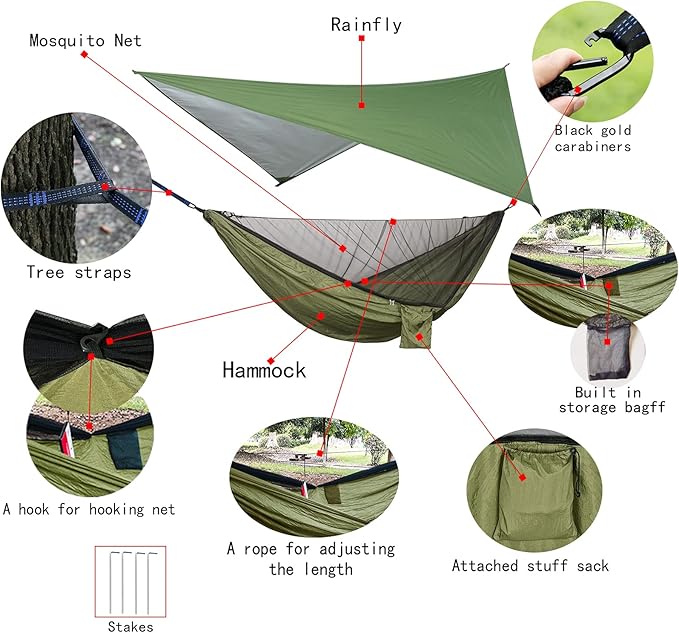 YCD Portable Camping Hammock SetSingle Double HammockInsect-Proof netRain Fly Tarphigh-Strength Parachute Cloth HammockBackpack Hiking Courtyard Outdoor Activities.