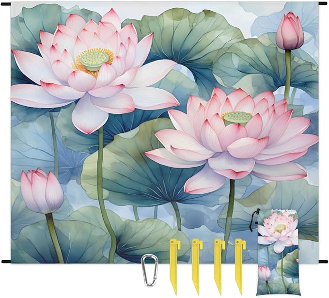 Lotus Flowers Leaf Lightweight Beach Blanket Waterproof Sandproof 59X68 Sand Free Beach Mat with 4 Stakes Compact Outdoor Blanket for Beach Quick Drying Picnic Mat for Travel Camping