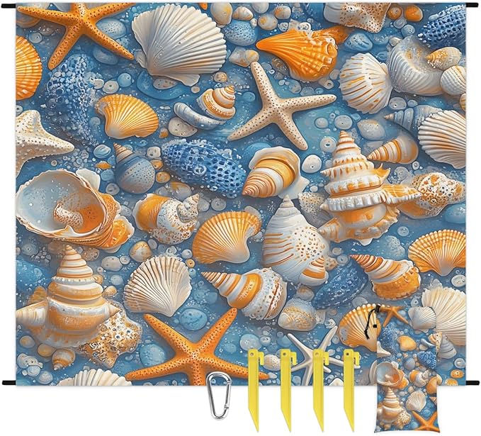 Waterproof Sandproof Beach Blanket 59''×68'' Conch Shells Polyester Outdoor Picnic Blanket with 4 Stakes &amp Storage Bag for BeachCampingVacation Oceans