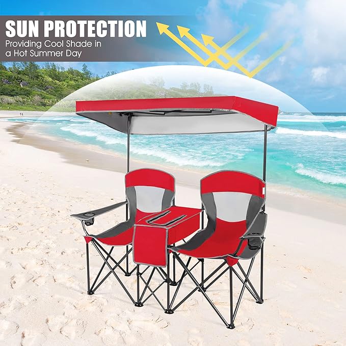 GYMAX Double Camping Chair Beach Chair with Canopy Shade Adjustable UV Protection Cooler Cup Holder &amp Carry Bag Folding Portable Lawn Soccer Camp Chair with Umbrella for Adults (Red 2 Person