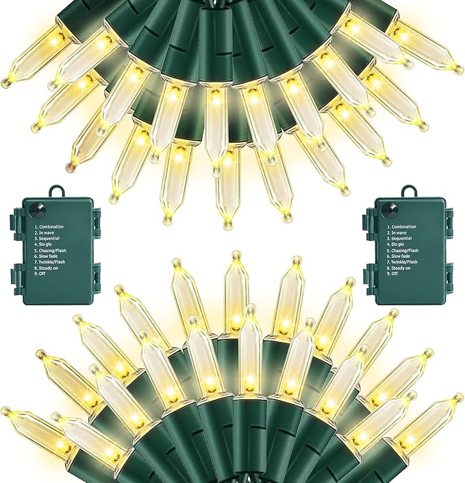 2 Pack 100 LED Outdoor Christmas Lights 35FT Battery Operated Mini String Lights with 8 Modes &amp Timer Xmas Tree Lights Waterproof for Patio Garden Party Wedding Holiday Decor Warm White