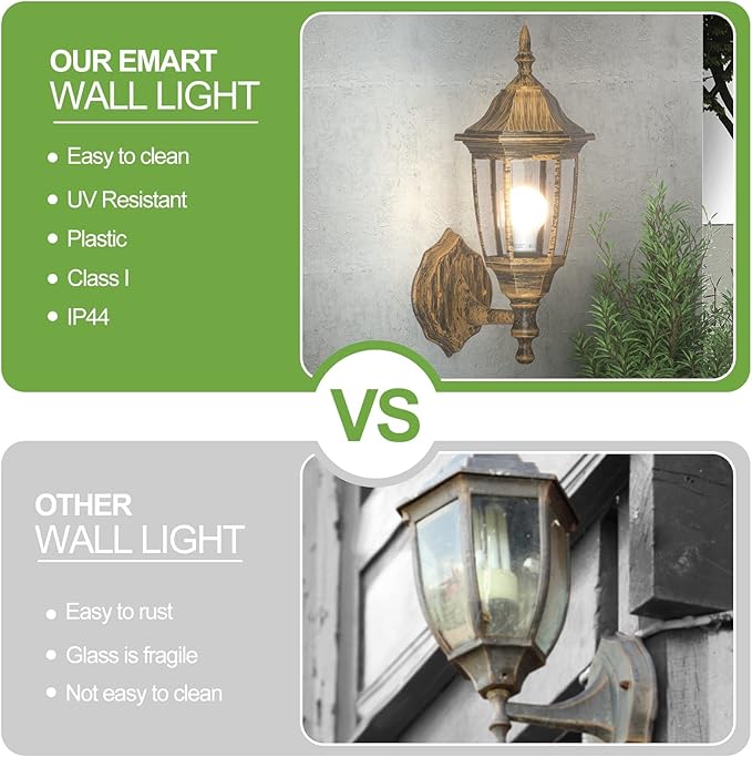 EMART Outdoor Porch Light Brushed Gold Anti-Corrosion Plastic Material Wall Mount Lantern for Backyard Garage Front Porch - 2 Pack