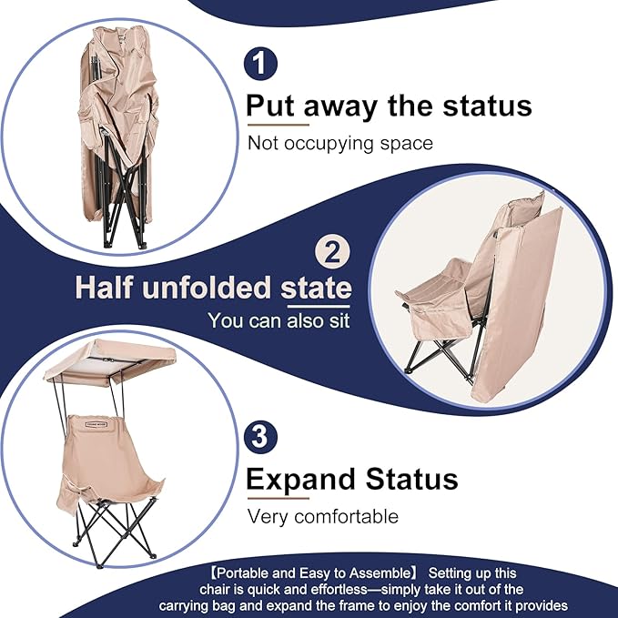 YOUNG WOOD Camping Chair with Canopy Beach Chair with Shade Portable Fold Lightweight Oversized Suit for All Easy to Open Without Installation Side Pocket Design for All Outdoor ActivitiesKhaki