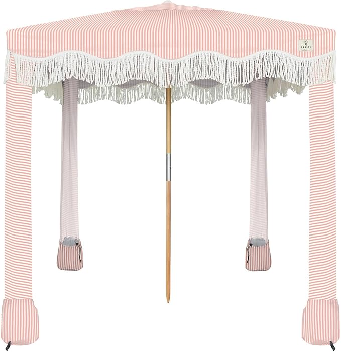 AMMSUN Beach Cabana with Fringe 6.5' x 6.5' Boho Beach Canopy with Tassels Easy Set up &amp Premium Wood Pole Cabana Tent with Sand Pockets Instant Sun Shade for Sand Garden Patio Pink Stripes