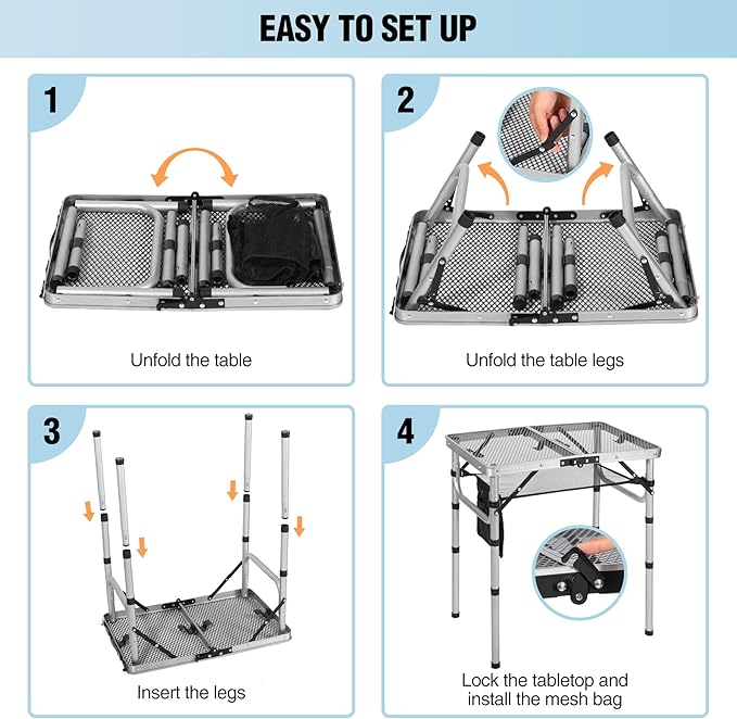 RedSwing Folding Grill Table Lightweight Height Adjustable Aluminum Table with Mesh Desktop and Mesh Bag for Outdoor Camping Picnic BBQ 2 Feet Sliver