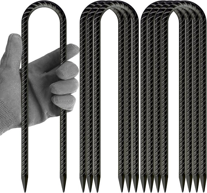 12 Inch U Shaped Trampoline Stakes 8 Pack 5/16 Diameter Heavy Duty Steel Wind Resistant Rebar Stakes Black E-Coated Anti-Rust Ground Stakes for Trampoline Swing Set Bounce House Safety