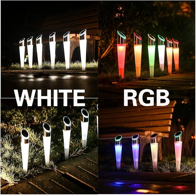 pearlstar Solar Lights Outdoor Garden Pathway Lights LED White&ampColor Changing Landscape Lighting Waterproof for Path Lawn Patio Yard Walkway Driveway4 LED Bulbs&amp 2 Lights Effect (6pack)