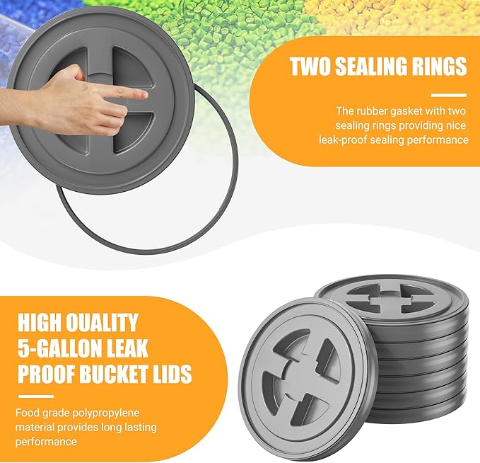 4 Pieces 5 Gallon Bucket Lids 12inch Leak-proof Plastic Seal Screw Top Airtight Lid Reusable Drum &amp Pail Lid for Pet Food Storage Home Paint Storage and Industrial Storage Buckets -Grey