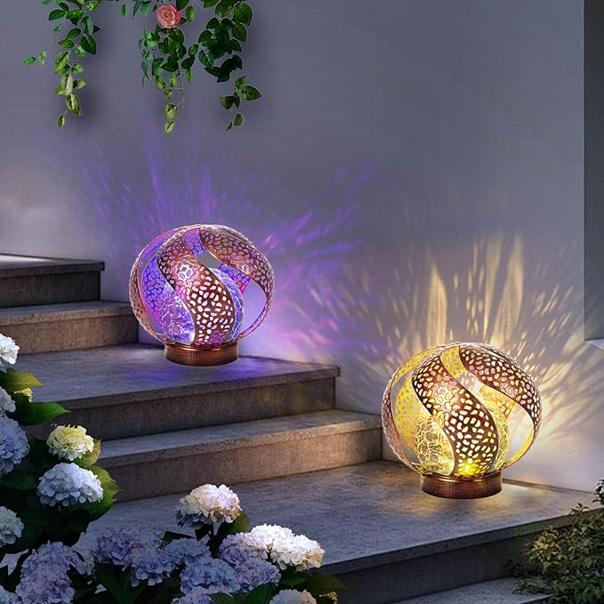 Solar Lights Outdoor - Ramadan Decor for Outside Garden Hollow Light With Glass Globe Lantern Gardening Gifts for Women Mom Pathway Balcony Tabletop Decoration