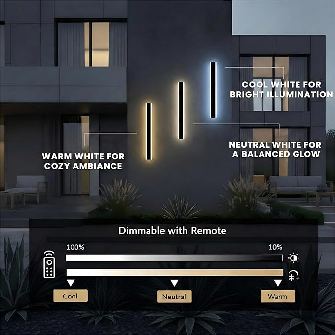 Modern Linear Outdoor Wall Lights 24 LED Exterior Wall Sconce for Porch &amp Garage IP65 Waterproof Architectural Facade Lighting 3CCT Dimmable Matte Black Fixture for Front Door Entryway