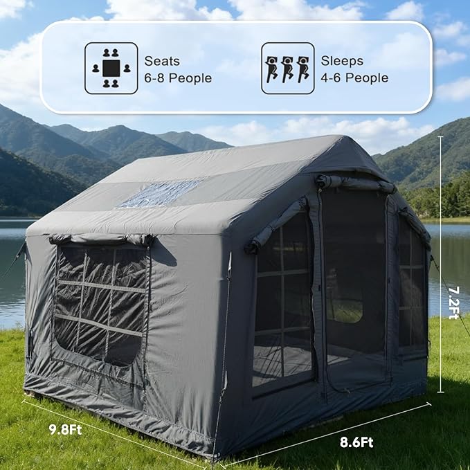 8㎡ Luxury Inflatable Camping Tent for 3-8 People UV-Resistant 4-Season Family Tent with Chimney Port &amp Skylight Oxford Fabric or Tech Cotton – White Tank Gray Aurora Green