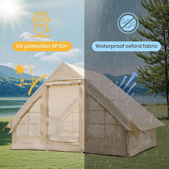 LVUYOYO Inflatable Camping Tent 4 Season Glamping Tent with Mesh Windows Waterproof Oxford Family Cabin Tents Easy Setup Blow Up Tent for Person
