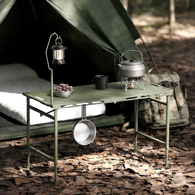 3.4 Ft Folding Camping Table - 12 lb Lightweight Portable Picnic Table with Adjustable Height &amp Carry Handle - Large Folding Table for Outdoor BBQ Beach Hiking &amp Home (Green)