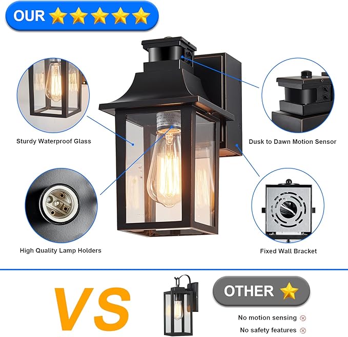 Porch Lights with GFCI OutletDusk to Dawn Motion Sensor Outdoor Lights3 Light Modes Black Front Door LightsWaterproof Outside Wall sconces for House Patio Garage (2 Pack)