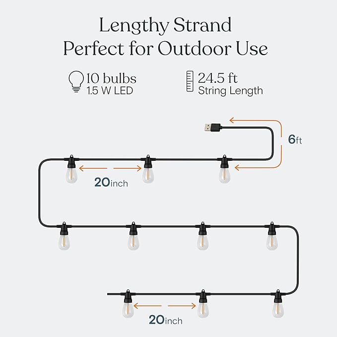 Brightech Ambience Pro USB Powered String Lights - 24 Ft Commercial Grade Waterproof String Lights Outdoor Shatterproof Patio Lights for Camping Christmas Backyard Porch - 1W LED Soft White Light